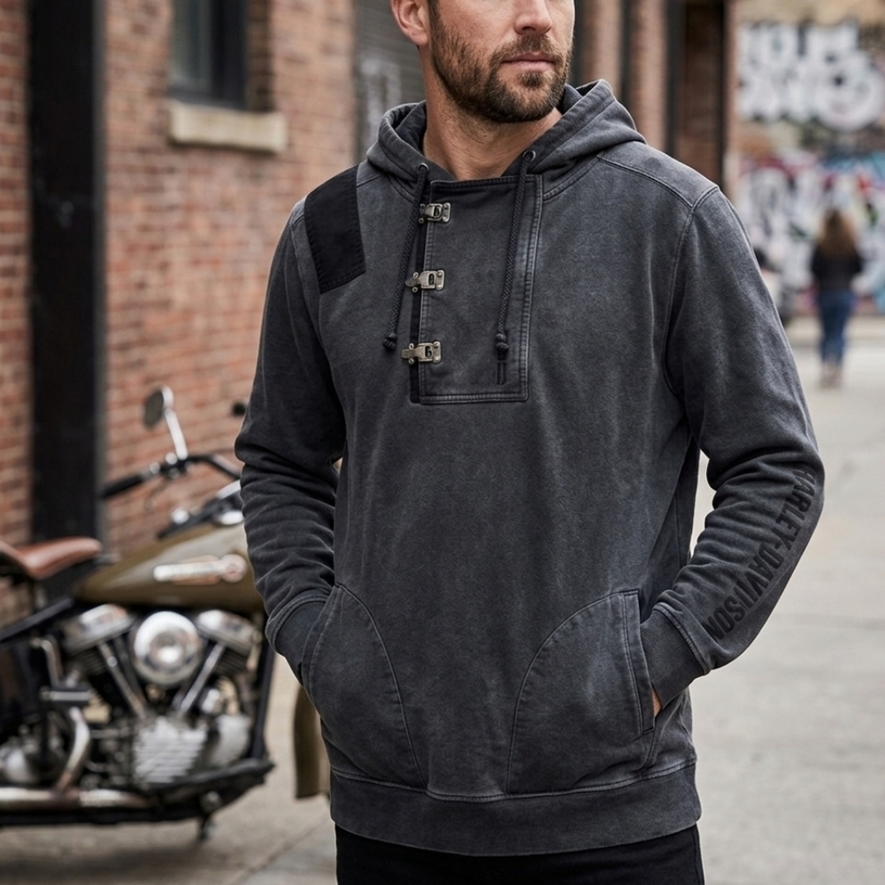 Harley-Davidson Charcoal Hoodie XL Button Accent Pullover Biker Streetwear Mens
